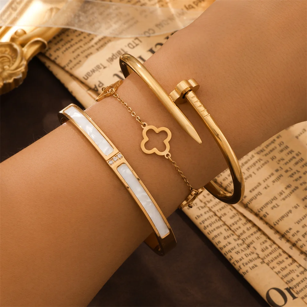 3pcs/2pcs Stainless Steel Four-Leaf Clover Stacked Bracelets Set 18K Gold Plated Couple Jewelry Lucky Charm Holiday Gift 1