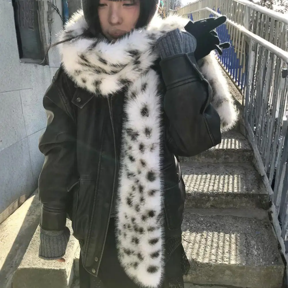 Korean Leopard Print Long Fur Scarfs Winter Y2K Vintage Warm Plush Scarf Fashion Thickened Lengthened Faux Fur Shawl Streetwear