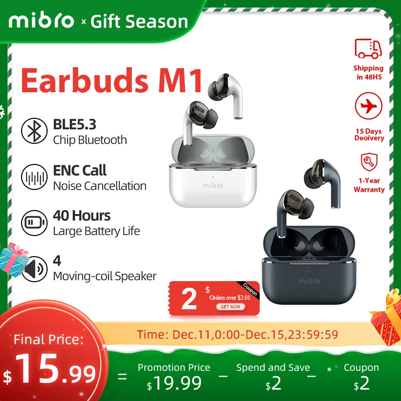  Mibro M1 TWS Bluetooth Earphone 4 Speaker IPX4 Waterproof Touch Control Sport Wireless HiFi Stereo ENC Noise Reduction Earbuds 