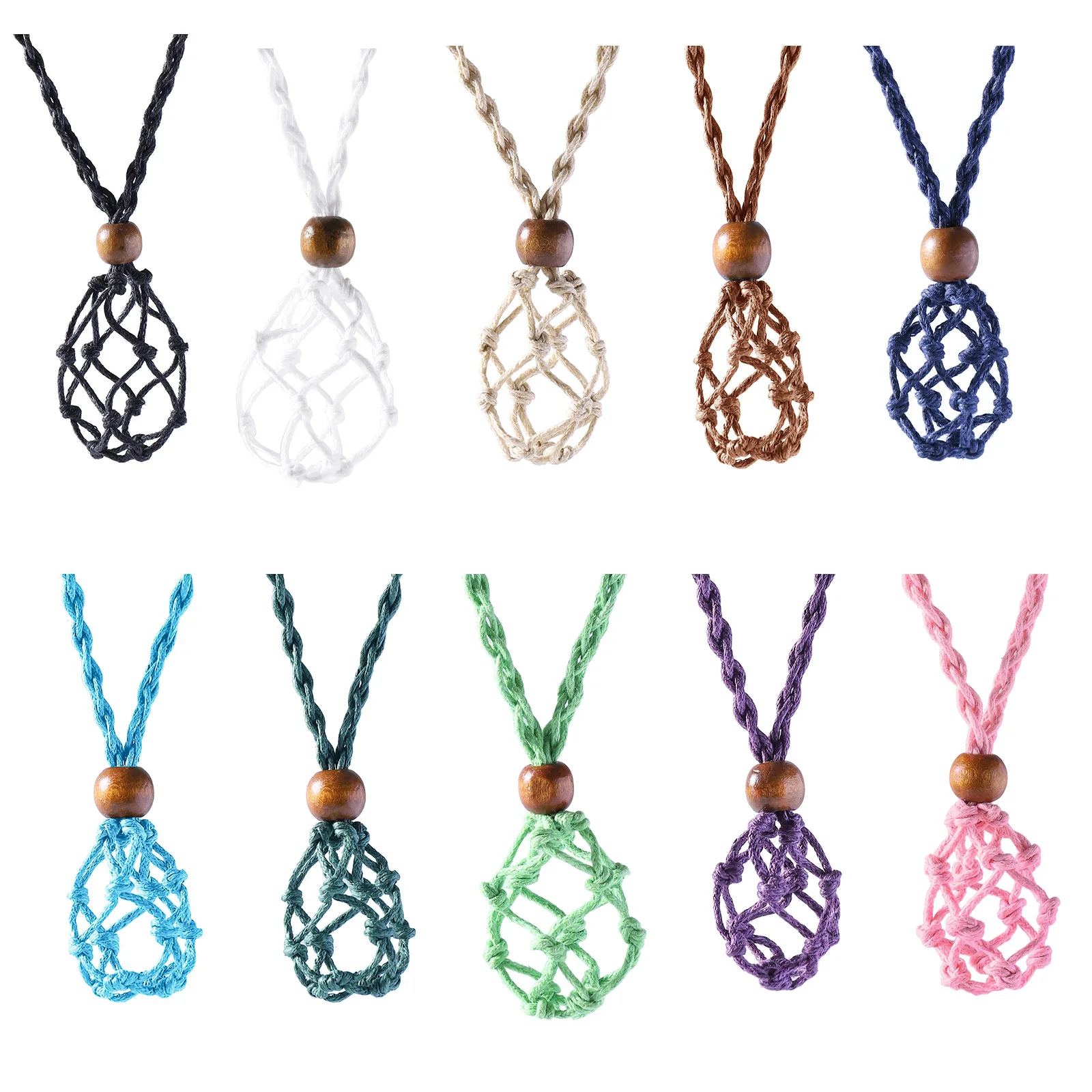 10pcs Empty Stone Crystal Necklace Holder Adjustable Waxed Cord Woven Netted Cage Necklace Healing Chakras Yoga Jewelry Making