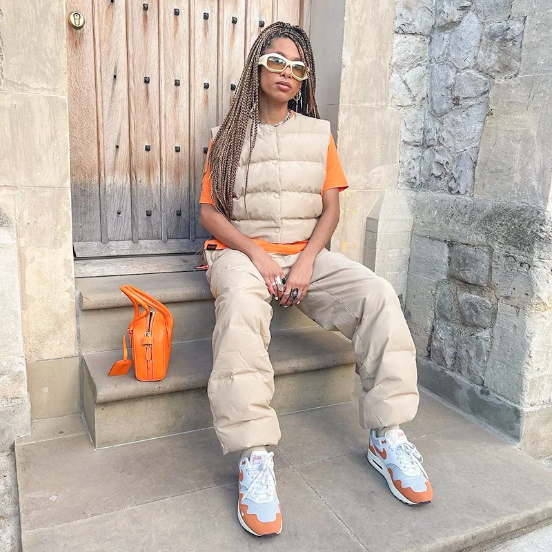 

Comfortable Fashion Casual Press Button Vest Cotton Suit Women's Autumn and Winter Warm Drawstring Tied Straight Cotton Pants