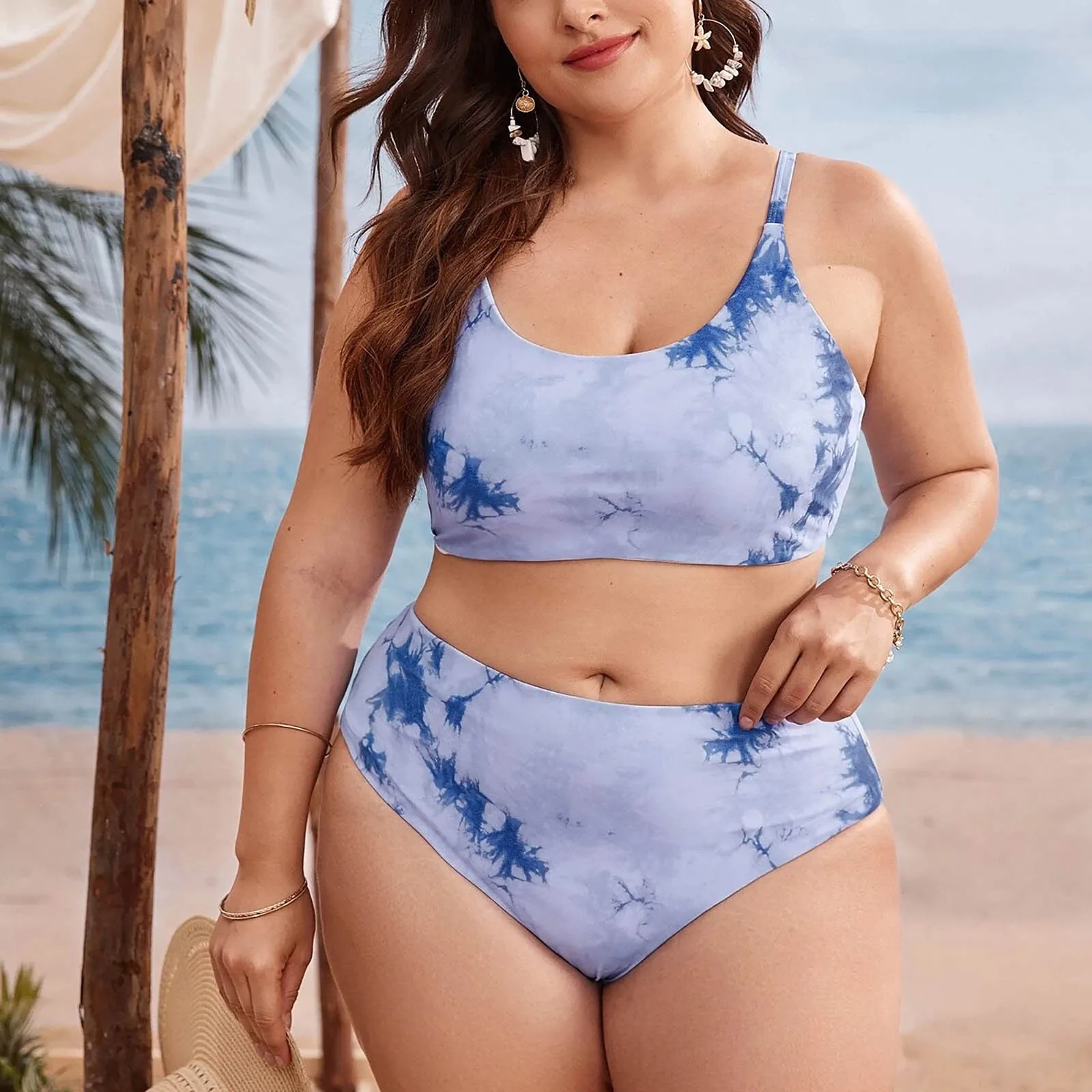 

Women's Bikini Set Tie-dye Printing Bathing Suit High Waist Two Piece Swimwear Plus Size Tankini Swimsuit Купальник Женский