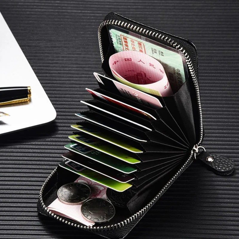 PU Credit Card Bag Multi Slot Card Holder Short Bank Card Cover Business Card Clip Zipper Vertical Handheld Bag for Women's Men' 6