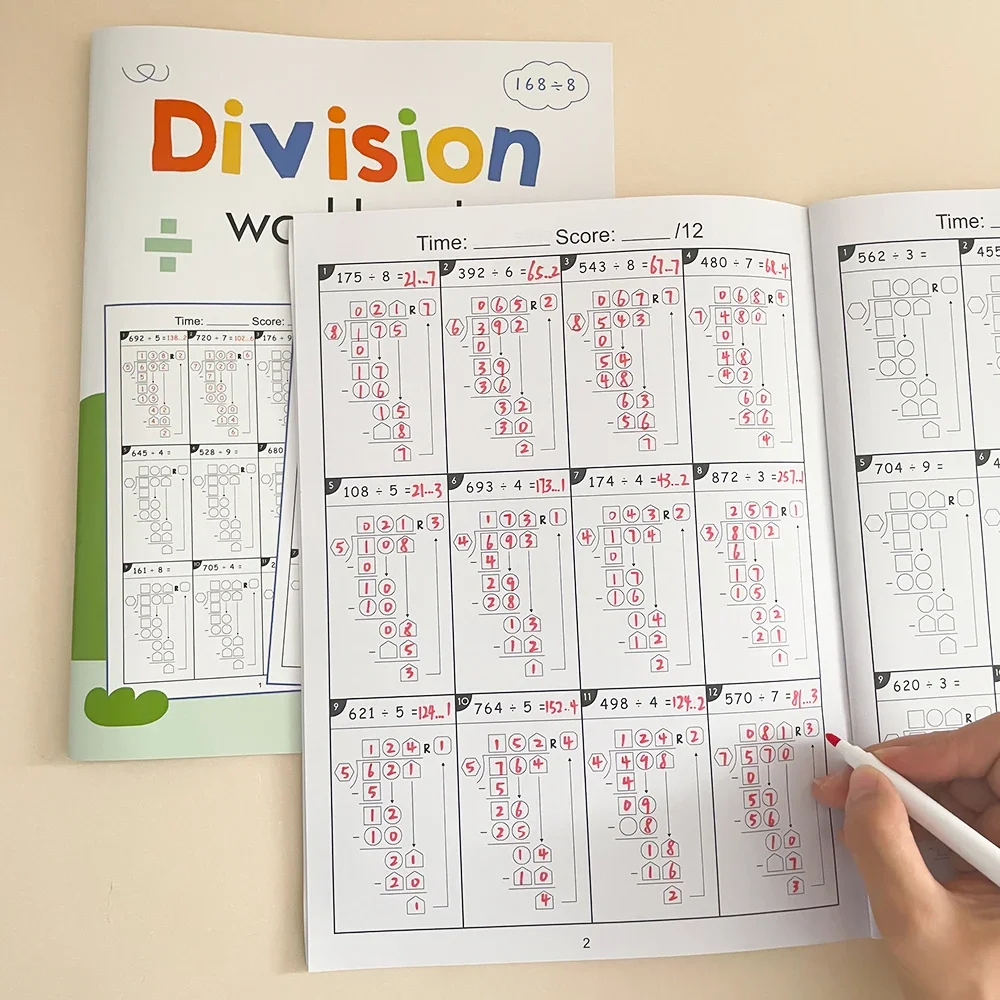 32 Pages Long Division Workbook Math Worksheet Grade 4-6 Daily Timed Math Drills Practice Workbook for Primary School 6