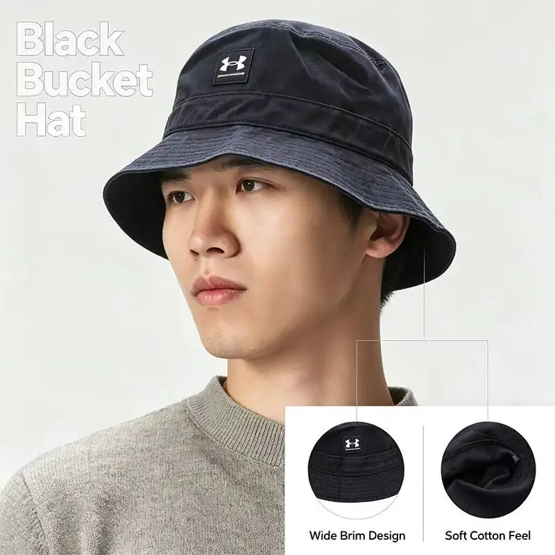 뉴 언더아머 블랙 버킷햇 와이드 브림 소프트 코튼 자외선 차단 모자 (일상 야외 캐주얼 스트리트웨어용)