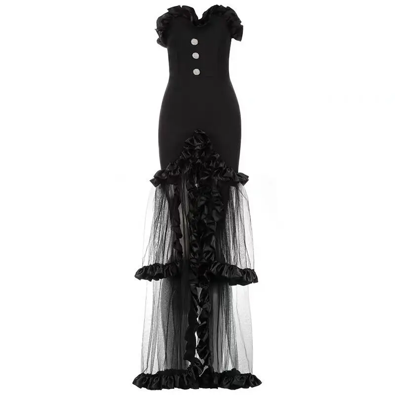 

Mingmingxi Elegant Straples Celebrity Dresses Maxi Black Lace Bodycon Prom With Beaded Formal Ocn Dress Wome