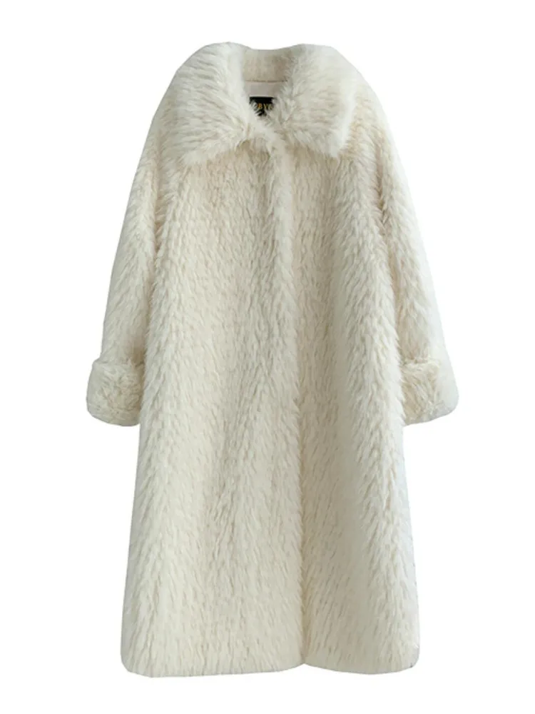 2022 Winter Lapel Collar Hairy Shaggy Faux Fox Fur Coat Ivory