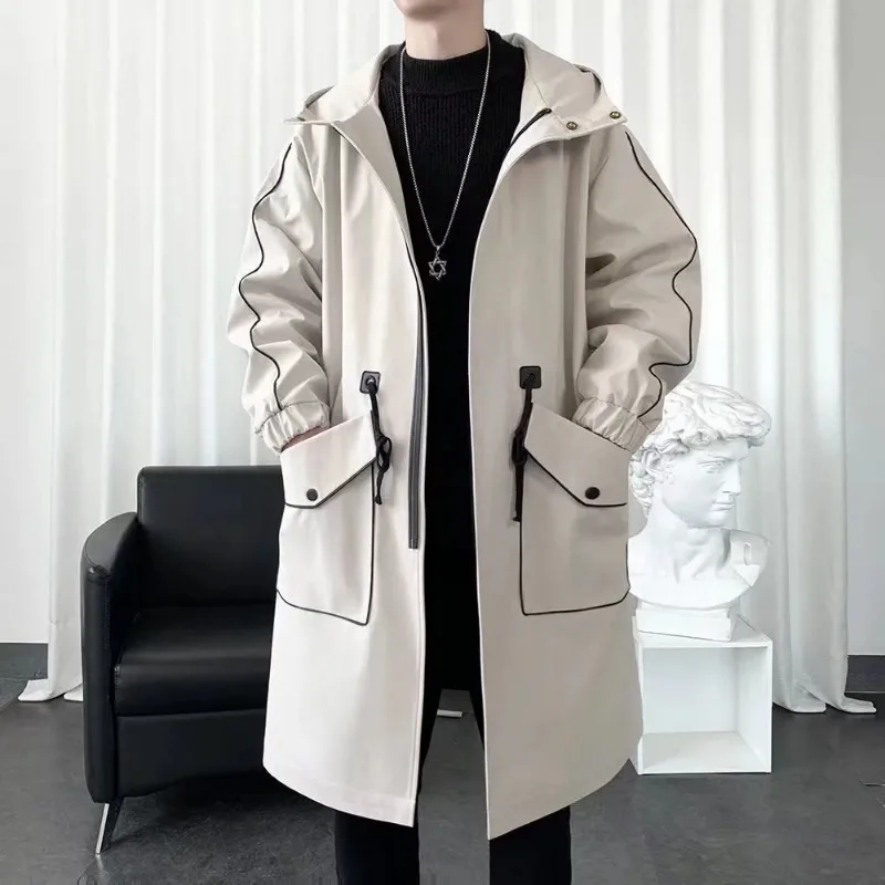 Autumn and Winter New Windbreaker Men's Mid Length Over Knee Hooded Coat Korean Loose Cloak Warm Coats Mens Jacket