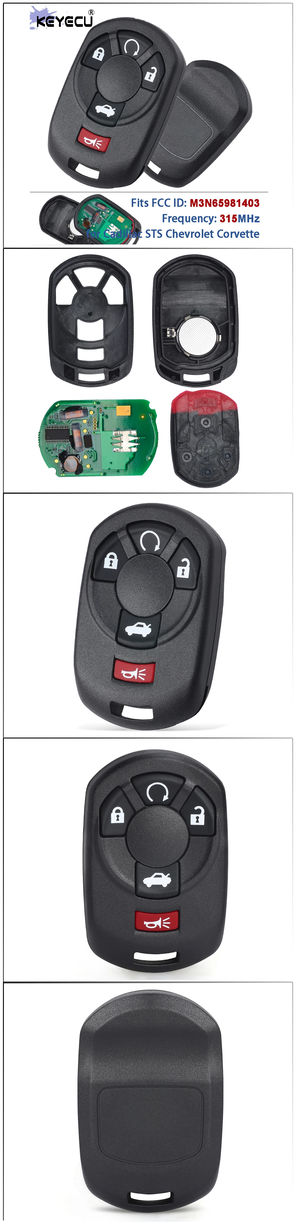 KEYECU M3N65981403 15212383 15212382 315 MHz Funkschlüssel und Gehäuse 5 Tasten mit Panik für Cadillac STS Chevrolet Corvette 2005–2007 – Detail 1