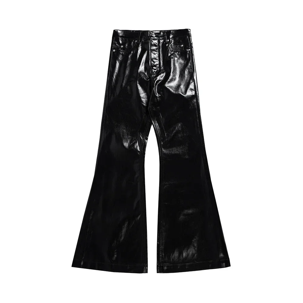 High Street Wide Leg Glossy Pu Leather Pants Sashes Boot Cut Men and Wome Straight Baggy Casual Jeans Oversized Flared Trousers