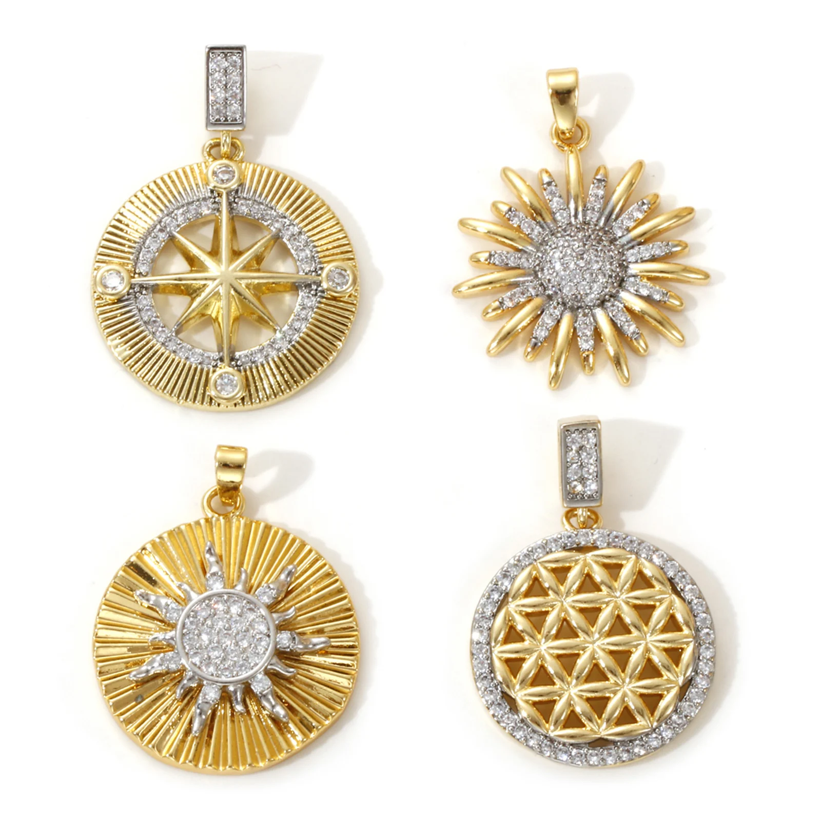 1 Stück Messinganhänger, 18 Karat vergoldet, Sonnenblumenstern, Mikropavé-Fassung mit klaren Zirkonia, zum Selbermachen von Halsketten und Schmuck_voghion.com