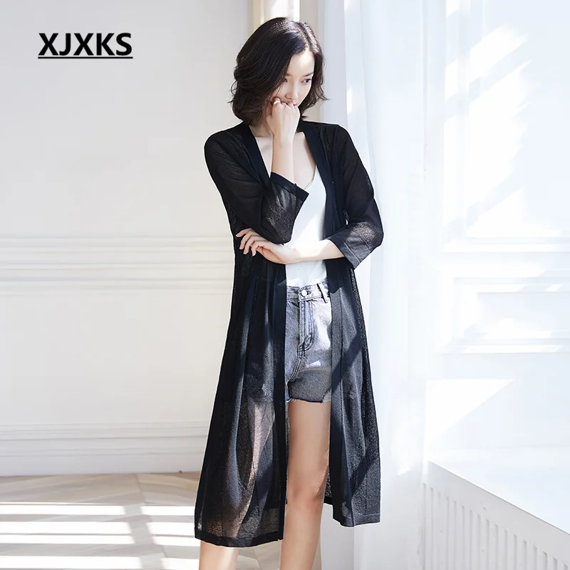

XJXKS 2022 Summer Latest Sun Protection Clothing Fashion V-neck Three-quarter Sleeves Casual All-match Women Knit Long Cardigan