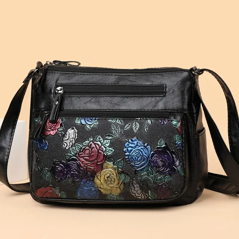 Chic Flower Pattern Pu Leather Crossbody Bag with Multi Layer Zipper Pouch Shoulder Bag for Women Work Travel Parties Daily Use