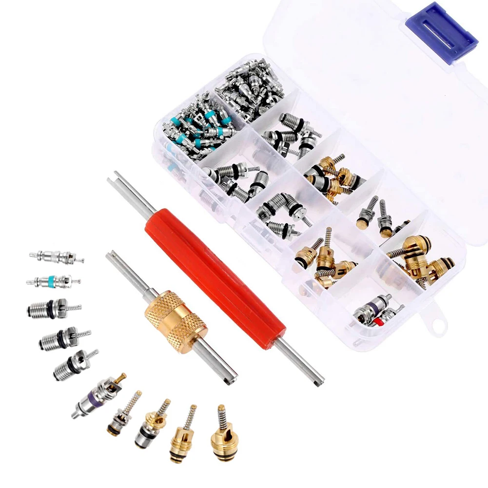 

102Pcs Car Air Conditioner Valve Cores A/C AC Valve Core & Tool Car Air Conditioning Valve Core Kit Auto AC Repair Tool Box Set