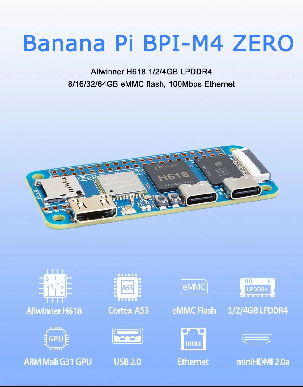 Banana Pi BPI-M4 ZERO Allwinner H618 Quad-core ARM Cortex-A53 Processor 2.4G/5G