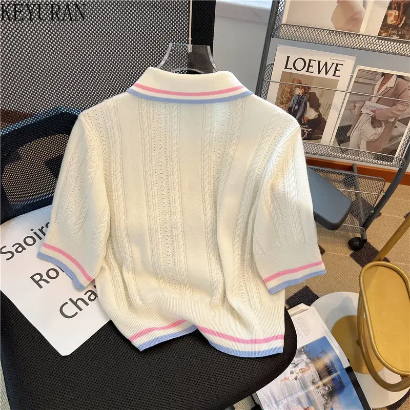 Polo Collar White Pullover Sweater Women Knitted T-Shirt Spring Summer 2023  Loose Casual Short Sleeve Knitwear Tops Woman Tees