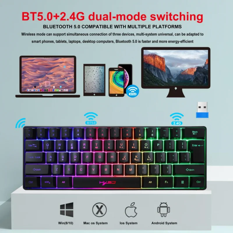 Bluetooth 5.0 2.4G Wireless Keyboard Gaming 61 Keys Rechargeable Keyboard Adjustable RGB Backlit for PC Phones Tablets Desktop pc keyboard