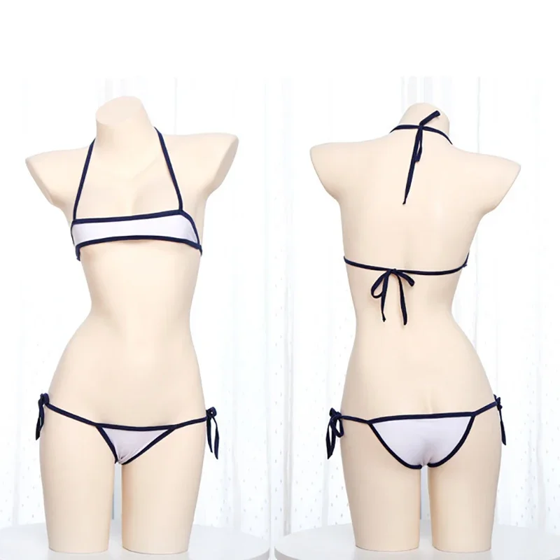 Anime Girl Sexy Bikini Set Bow Tied Revealing Breasts Students Three Point Split Style Swimsuit Bras Underwear women bikini set