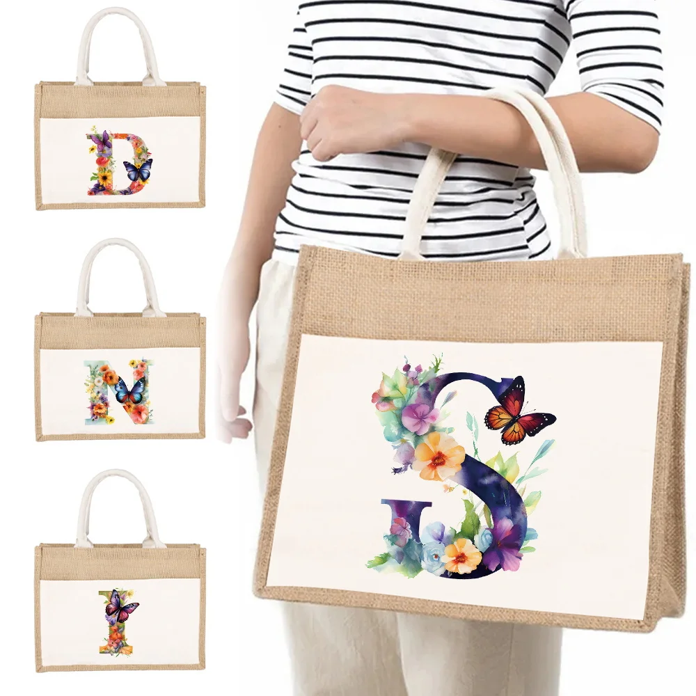 

New Women's Shopping Bag Butterfly Letter Printing Pattern Linen Shoulder Bag Yellow Linen Imitation Burlap Commuting Handbag