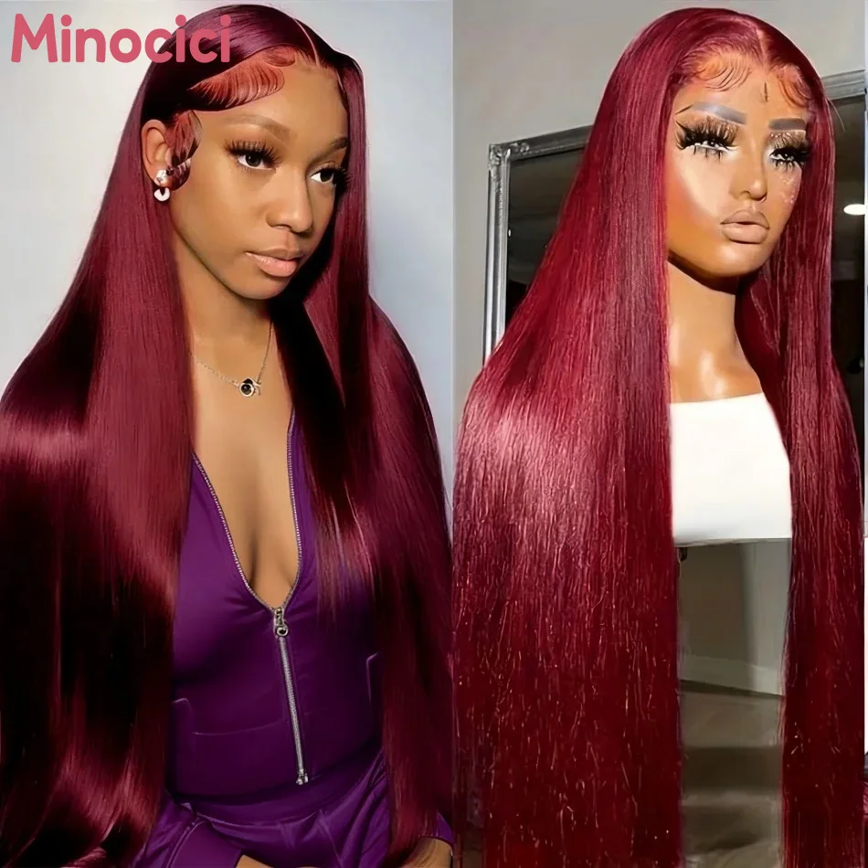 99J Burgundy Straight Human Hair Wigs 13X6 Hd Lace Frontal Wig 220 Density Colored Pre Plucked Brazilian Lace Front Wig 36 Inch
