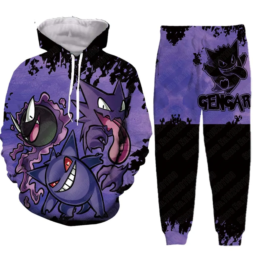 

Мужской/женский спортивный костюм Gengar, черный спортивный костюм с 3D-принтом привидения, покемона, куртка, штаны, Прямая поставка