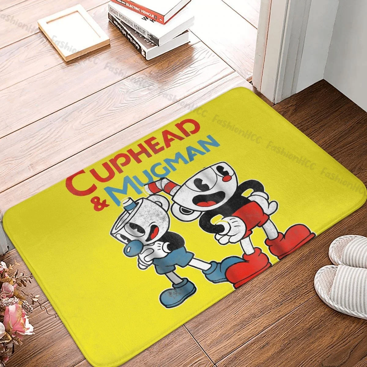 

Cuphead Bathroom Non-Slip Carpet Mugman Dynamic Duo Graphic Flannel Mat Welcome Doormat Home Decor Rug