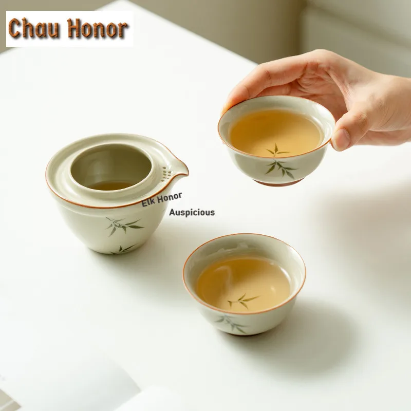 Hand-painted Ash Bamboo Green Travel Tea Set Kit Luxury 1 Pot 2 Cups Tea Brewing Organizer Portable Camping Stock Bags Ornaments