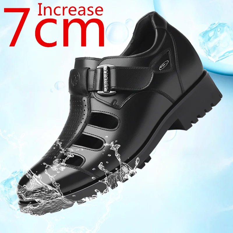 

Summer Men Leather Elevator Tide Sandals Breathable Hollow Hole Shoes Large Hole Increase 7cm Men Casual Height Increasing Shoes