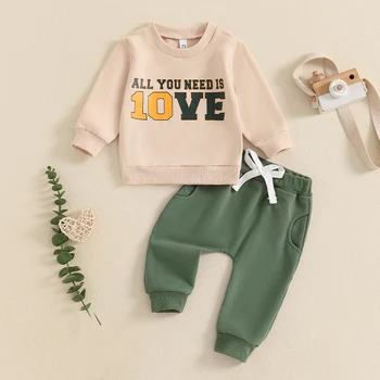 2024-07-23 Lioraitiin Baby Boys Pants Set, Long Sleeve Crew Neck Letter Print Sweatshirt with Elastic Waist Pants Infant Clothes 2