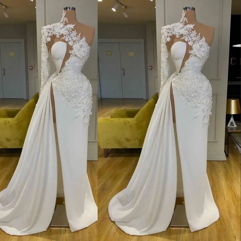 

Simple Sexy High-Neck One Shoulder Appliques Sweep Train Mermaid/Trumpet Woman Wedding Dresses Bridal Engagement Party 2023