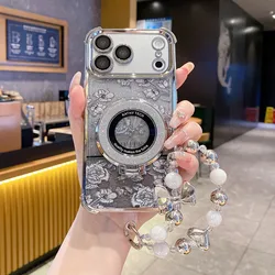 Flower Glitter Sparkly Bling Shockproof Magnetic Ring Holder Phone Case - iPhone 15 Plus (Silver hua)