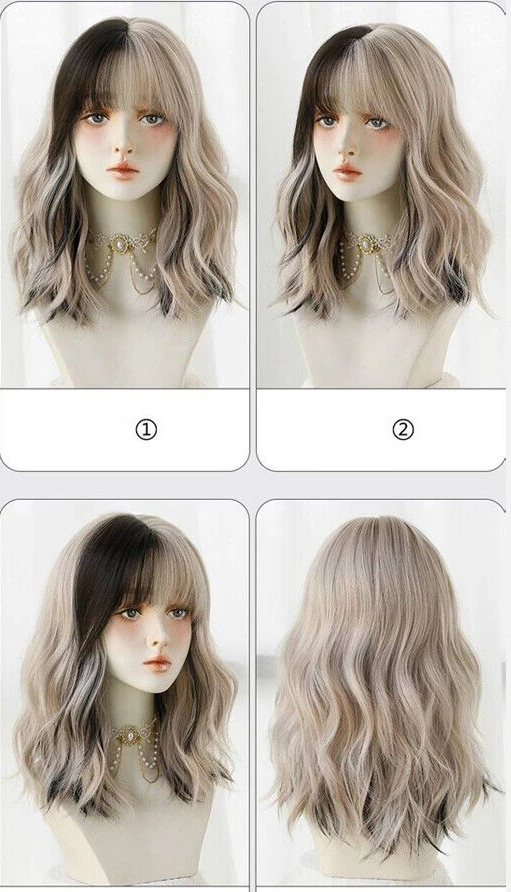 

Woman Short Curly Hair Silver Grey Powder Simulation Full Head Set wig