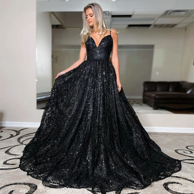 2022 sparkly preto vestidos de casamento formal rendas com decote em v  cintas glitter a linha vestido de noiva sem costas - AliExpress