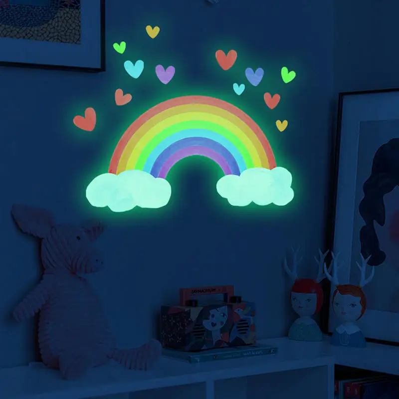 Rainbow Wall Sticker Glow in The Dark Kids Bedroom Decor Luminous Fluorescent Heart Cloud Decals Adhesive Stickers for Baby Room