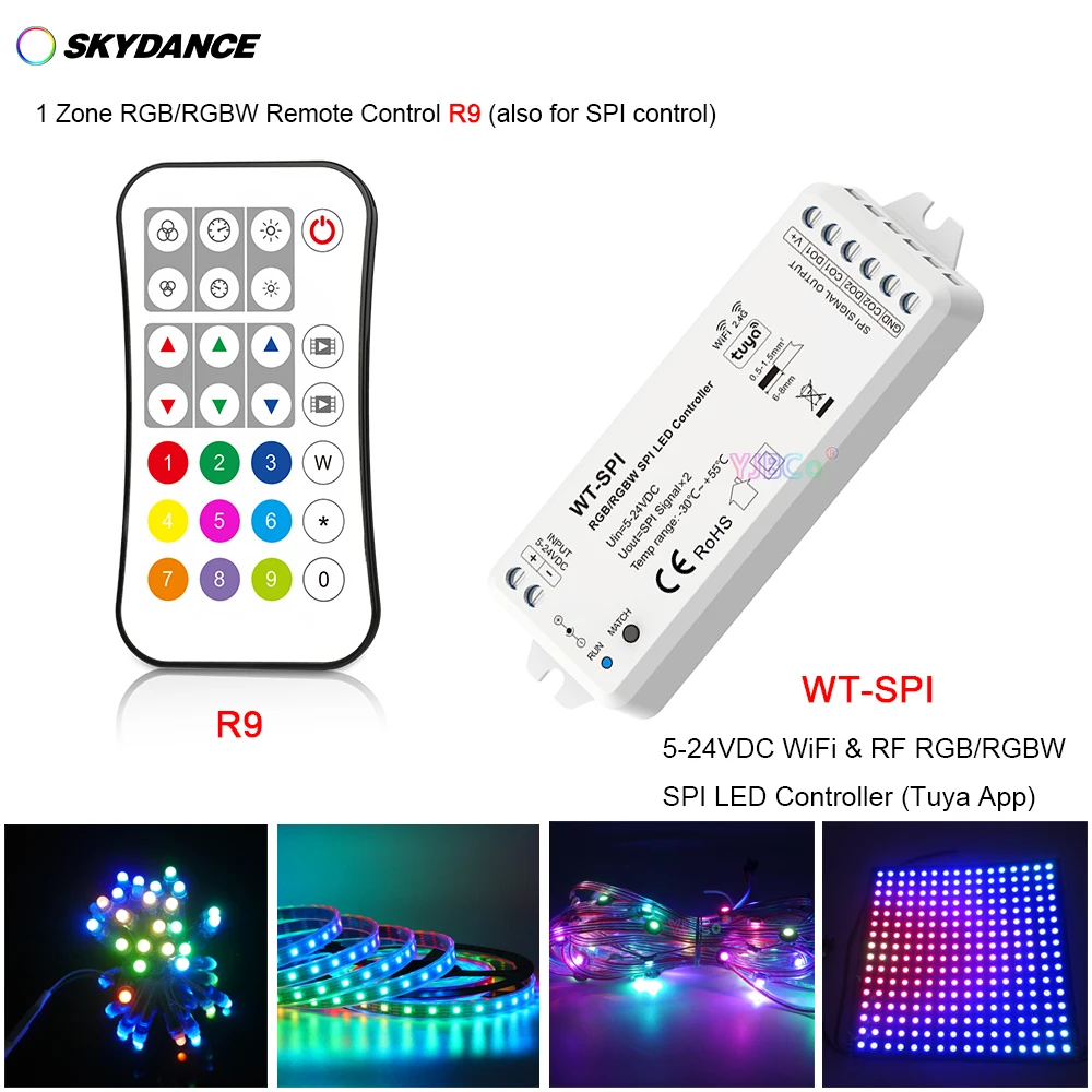 Skydance music WiFi+2.4G RF RGB/RGBW Pixel IC SPI LED Controller WT-SPI R9 RGB Remote for WS2812 WS2815 LED Strip module 5V-24V wifi remote thermostat dc6 30v high precision temperature controller module cooling and heating mode
