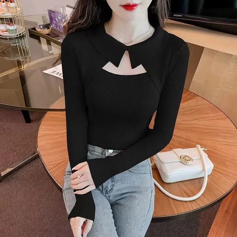 

2023 Autumn Winter New Lapel Hollowed-out Knitwear Niche Design Sense Fashion All Fit Long Sleeve Bottom Sweater Fashion Women