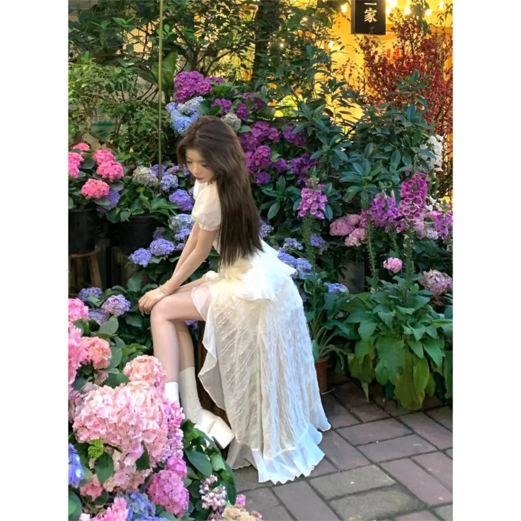 Y2K Irregular Ruffles Midi Dresses for Women Puff Sleeve Square Collar A-line French Vintage Birthday Party Dress Prom Vestidos