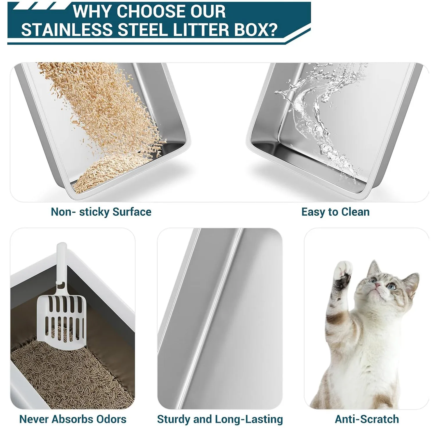 Katzentoilette aus Edelstahl, extra große Katzentoilette für große Katzen mit Plattformstufe, Schaufel, rutschfester Boden, einfache Reinigung – Detail 10