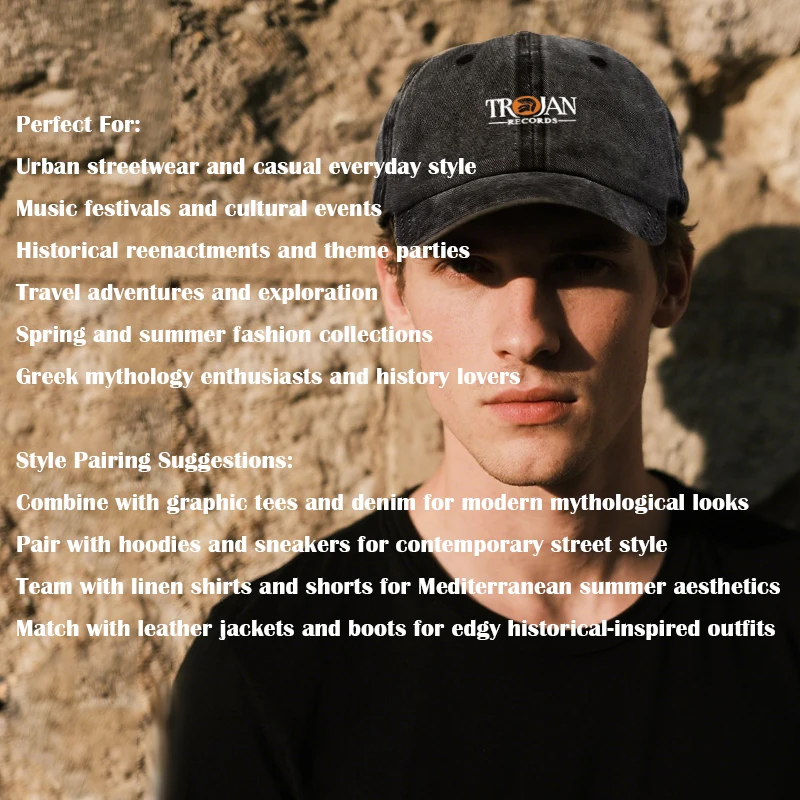 Trojan Warrior Vintage Washed Cotton Baseball Cap Distressed Retro Style Adjustable Snapback Hat Unisex Casual Streetwear Cap