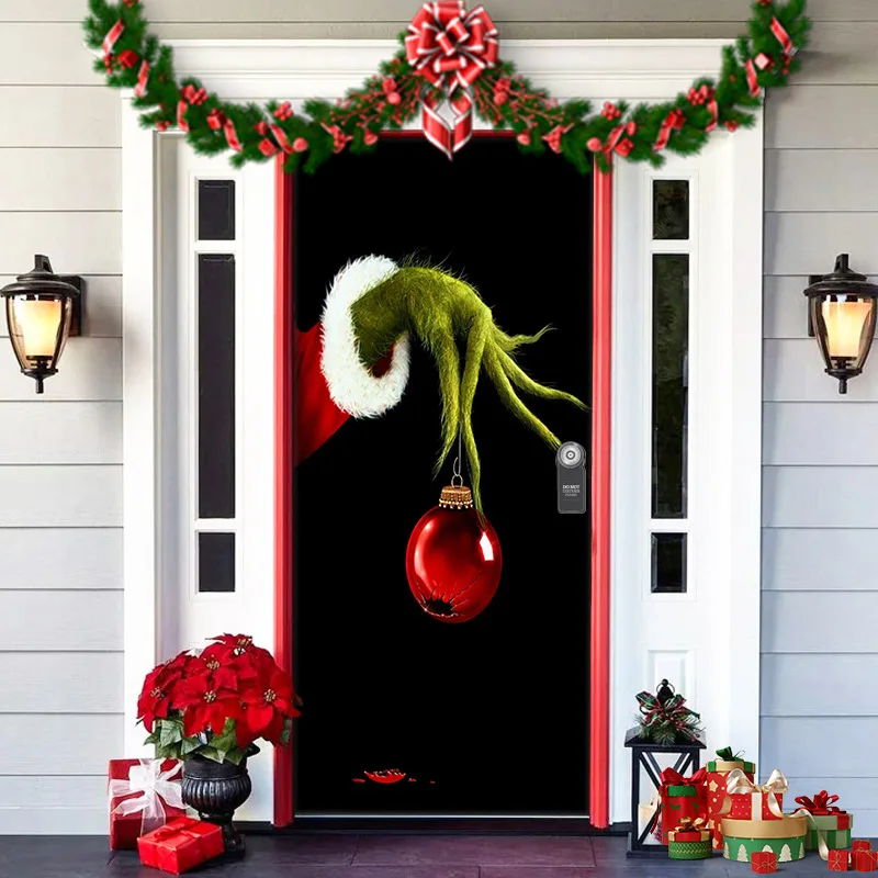 Accesorios de decoración para exteriores de Pesadilla antes de Navidad, cubierta de puerta navideña, telón de fondo de elfos navideños de Papá Noel, pancarta para colgar en la puerta de la casa de fie