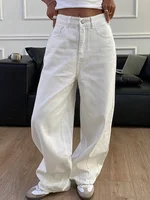 2025 New Loose Jeans Fashion Women High Waist Pocket White Solid Retro Wide Leg Denim Pants Casual Office Lady Commute Trousers - Image 3
