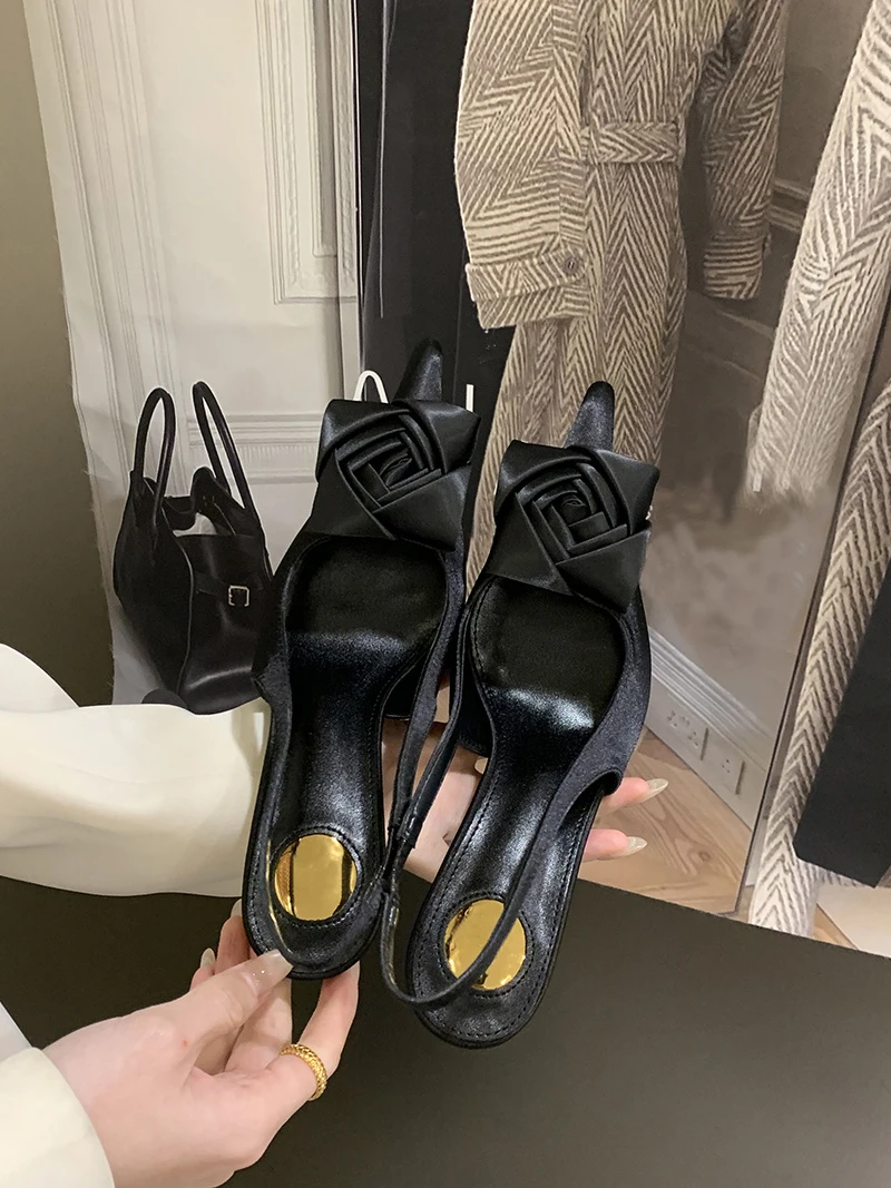 Liyke Fashion Design Satin Square Flower Pointed Toe Slingback Sandals Women Pumps High Heels Party Prom Shoes Stilettos Mujer Scbc80714d7754ce1a219addb421ed2700
