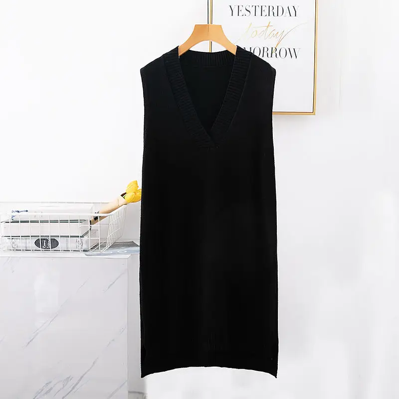 

2022 Spring Autumn New V-neck Solid Color Lady Knit Medium Length Style Sweater Women Loose Wild Outgoing Female Vest Black