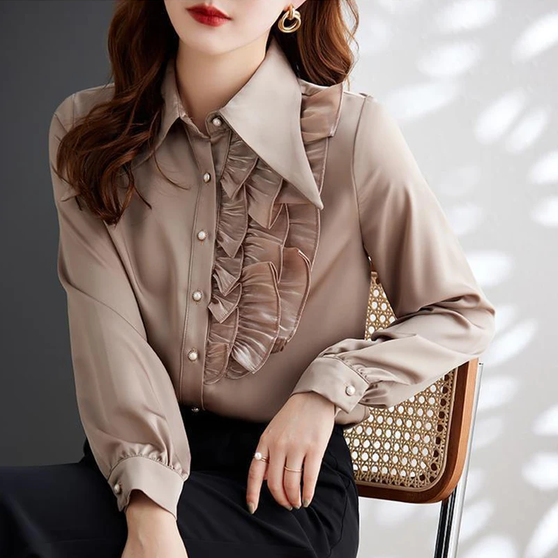 Spring Autumn Polo-neck Ruffles Elegant Fashion Shirt Lady Buttons All-match Blouse Women's Solid Color Long Sleeve Cardigan Top