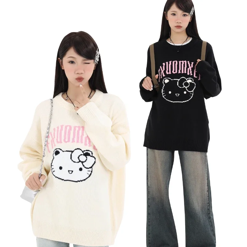 

Kawaii Sanrio, Hello Kitty свитер, свитер с рисунком, женский осенне-зимний свободный джемпер, универсальный топ