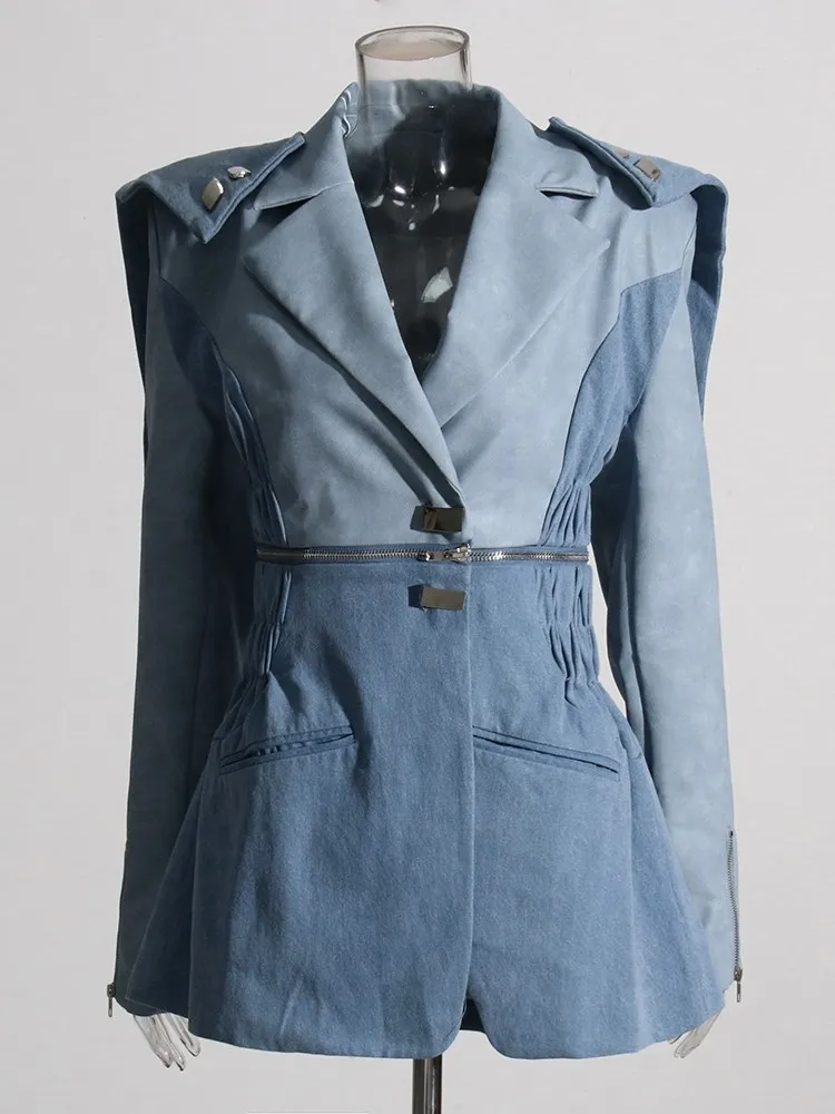 KBQ Colorblock Detachable Hem Blazers For Women Notched Collar Long Sleeve Spliced Zipper Loose Casual Blazer Female Fashion New