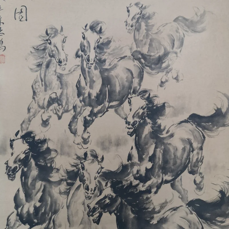골동품 크래프트 종이 중탕 전통 중국 그림 사무실 걸이식 그림, 두 말 풍경, Xu Beihong Dist, 도매