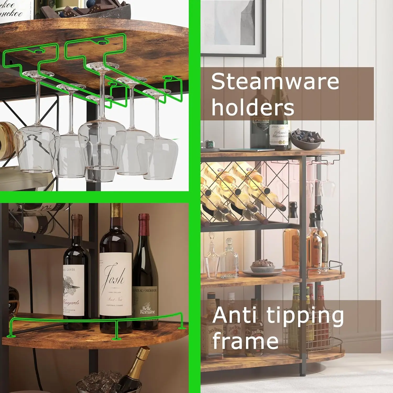 Wine Cabinet Bar Cart Table with Power Socket and LED Light,Three Tiers Coffee Bar Table Wine Rack Liqour Bar with Large Storage