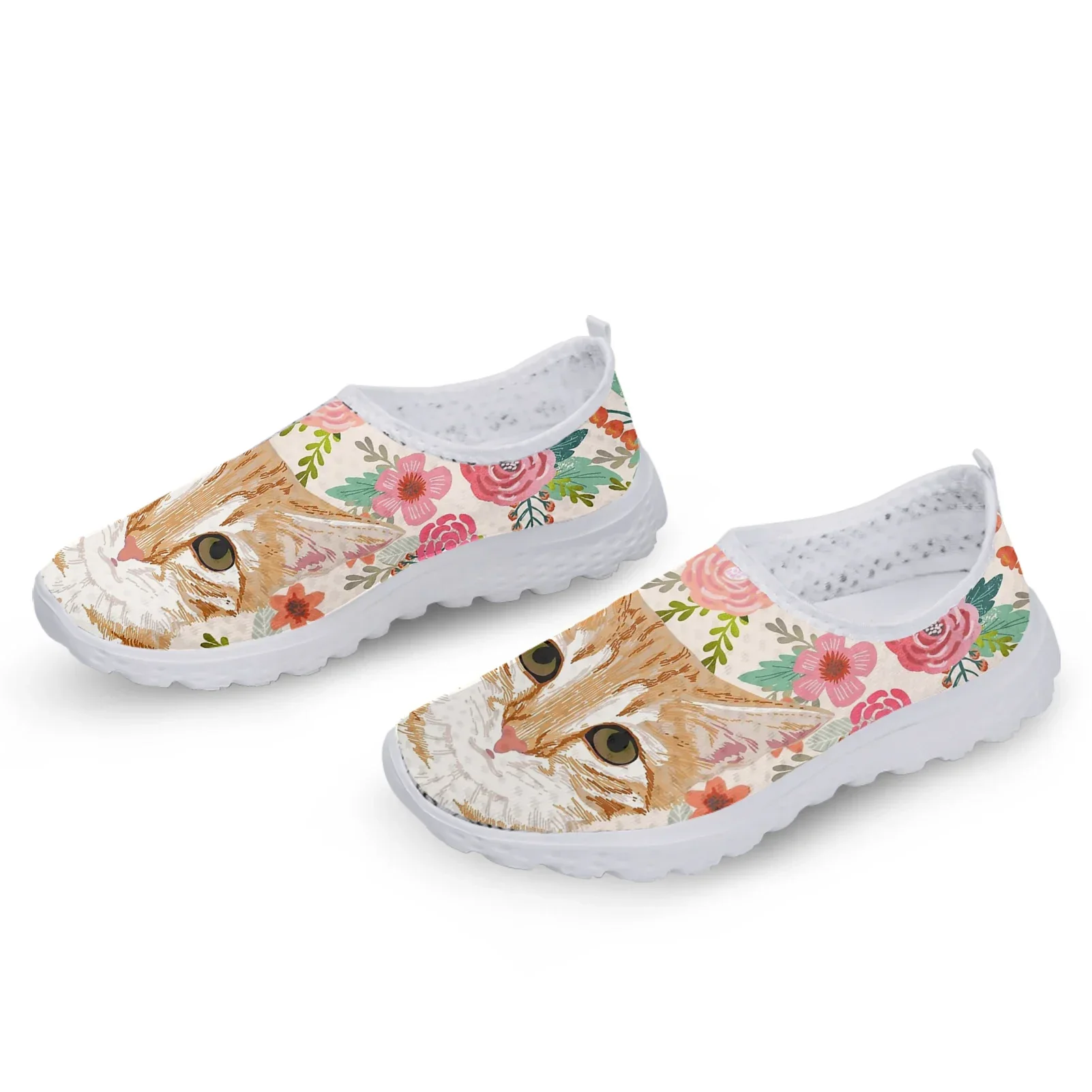 Cute Cartoon Orange Cat/kitten Hibiscus Print Summer Women's Shoes Comfortable Flat Loafers Soft Sole Slip On Shoes