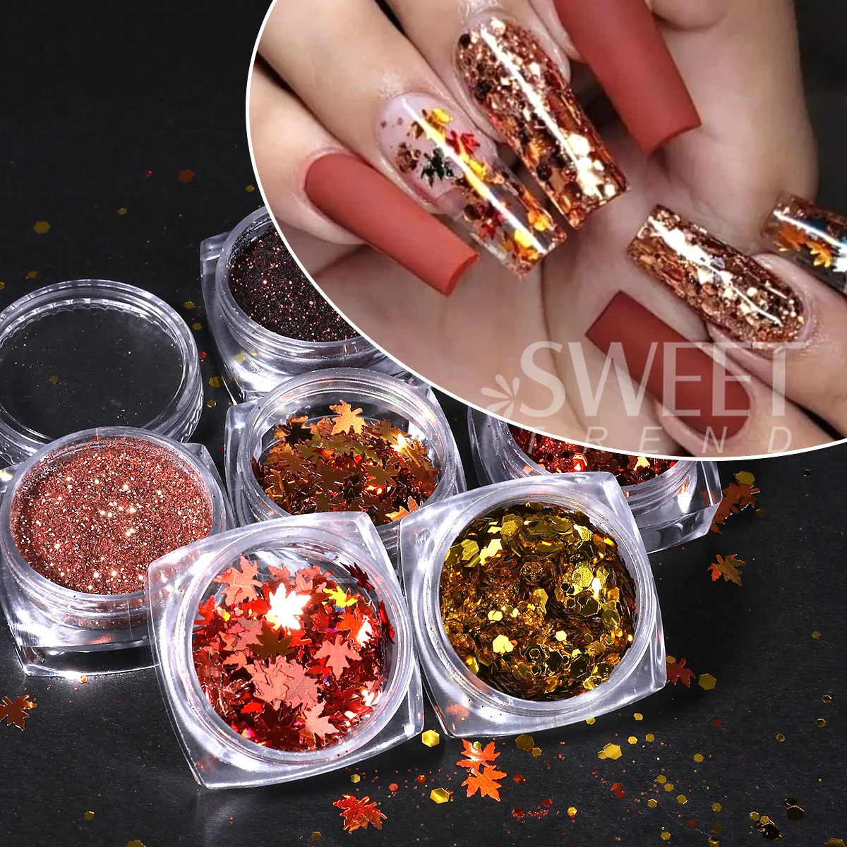 6 Bottle Autumn Winter Nail Glitter Flakes Maple Leaves Hexagon Diamond Powder Sequins Golden DIY Charm Manicure Supplies Flash